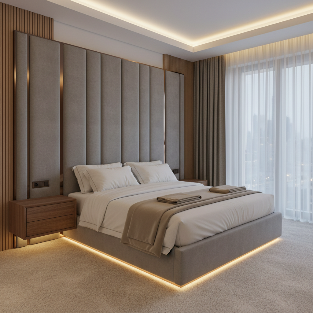 A luxurious master bedroom interior centered on a custom king-sized bed with an oversized channel-tufted headboard in dove-grey suede, framed by thin bronze inlays. The bed is dressed in crisp white cotton bedding with layered taupe and sand-colored throws. Flanking the bed, floating walnut nightstands with integrated soft-glow LED underlighting hover above a pale beige textured carpet. A full-height wall panel in ribbed oak runs behind the headboard, adding vertical rhythm. Soft, indirect cove lighting from the ceiling and diffused evening city glow through sheer floor-to-ceiling curtains bathe the space. Captured in photographic realism from a three-quarter angle, the composition feels serene, intimate, and exquisitely tailored, expressing Dubai’s understated luxury.